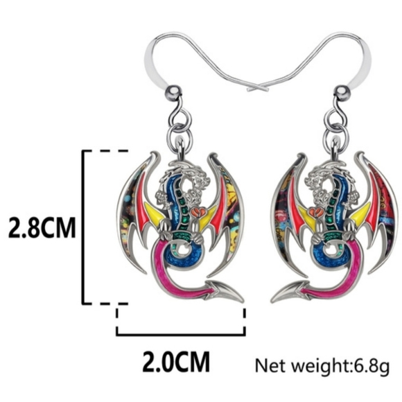 Dragon Dangle Earrings, Enamel Alloy Earrings, 3.3 cm. - Picture 4 of 8
